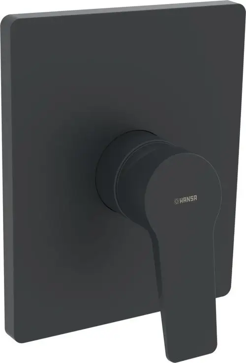 Einhebelmischer in Matt-Schwarz von HANSA mit eckiger Rosette, geeignet für eine Brause-Batterie, zeigt eine klare, funktionale Formensprache.